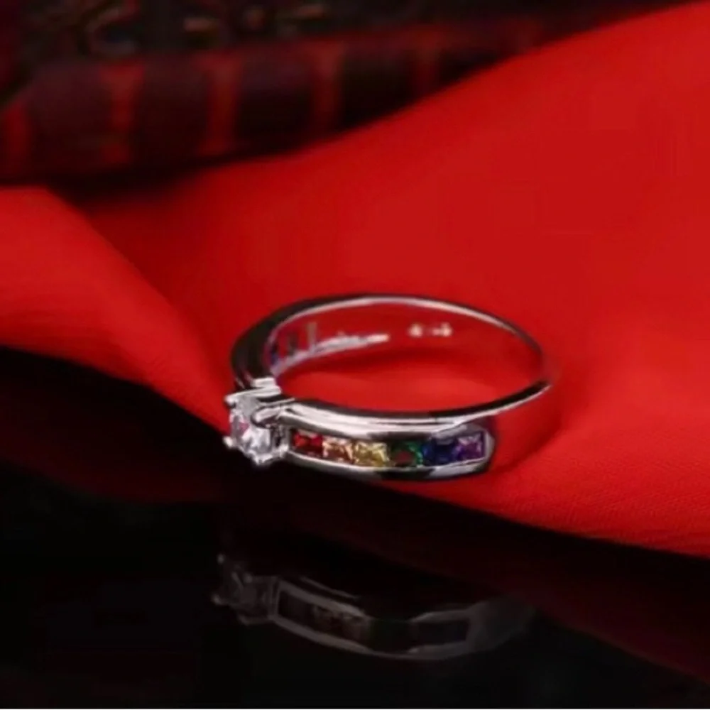 NEW 925 COLORFUL RAINBOW CZ PRINCESS SQUARE SIMULATED BAGUETTE STONE SILVER RING